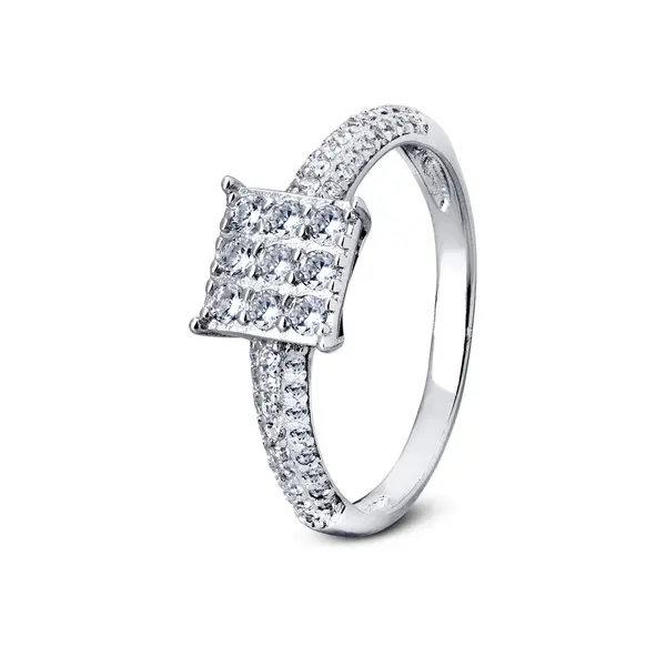 Anel Prata Rodinado Quadrado Com Zircônias