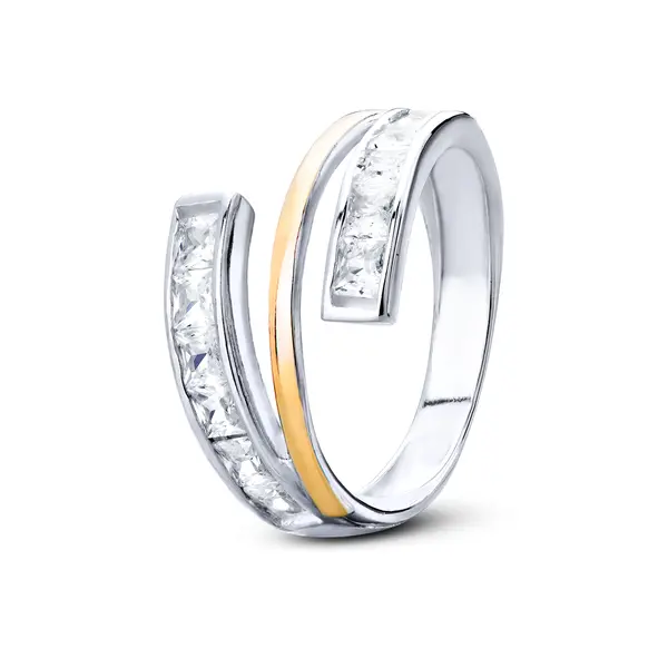 Anel Prata Com Filete Em Ouro Zircônias