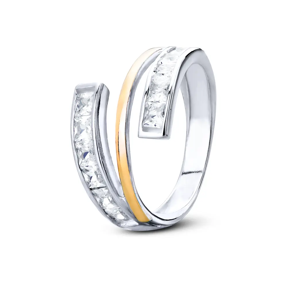 Anel Prata Com Filete Em Ouro Zircônias