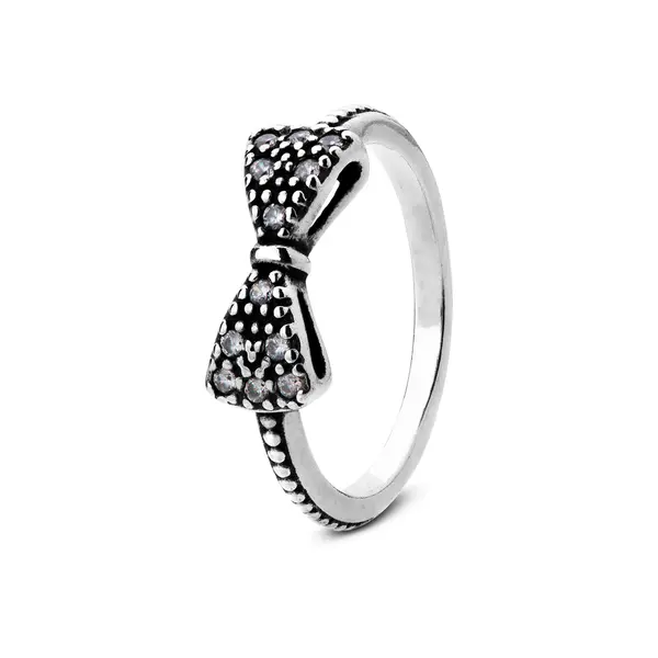 Anel Prata Envelhecido Gravatinha Com Zircônias