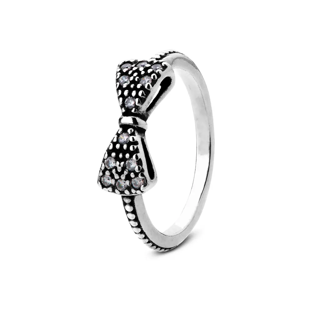 Anel Prata Envelhecido Gravatinha Com Zircônias
