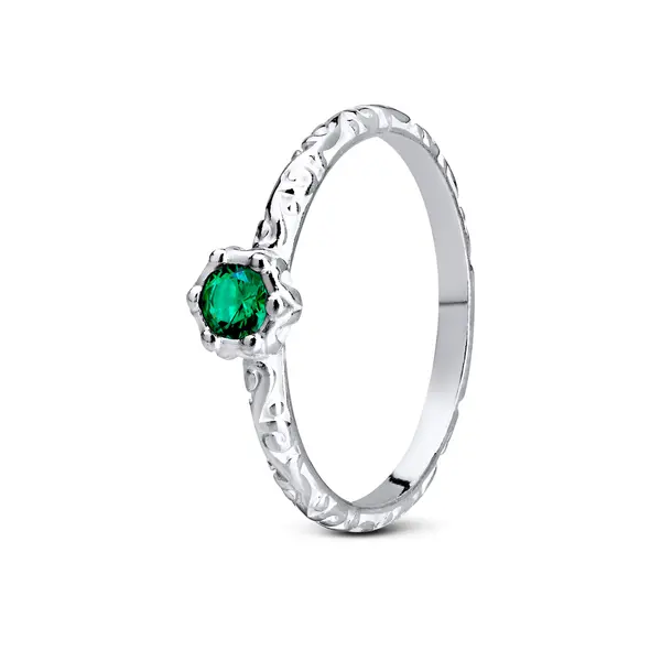 Anel  Prata Aro  Trabalhado  E  Pedra  De  Zircônia  Redonda  Verde .