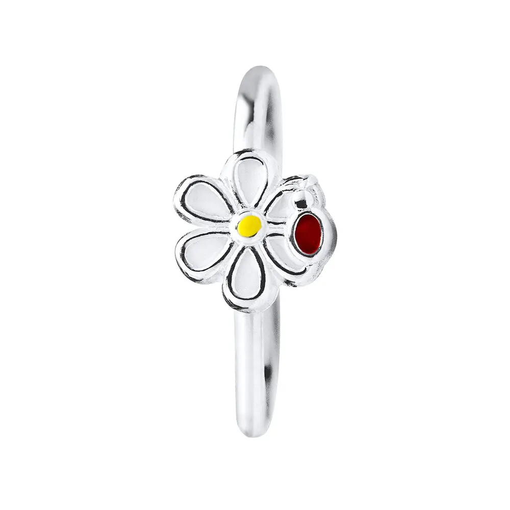 Anel Prata Infantil Flor Branca Esmaltado