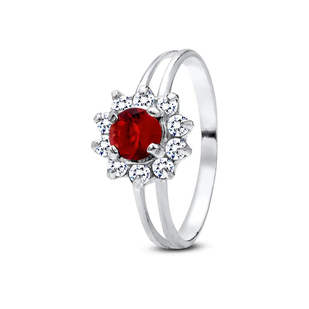 Anel Prata Zircônia Princesa Kate Vermelho Redondo M