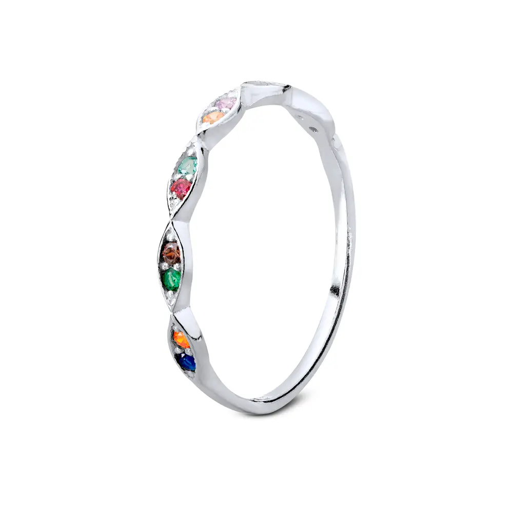 Anel  Prata Meia  Aliança Diferente  Pedras  Coloridas