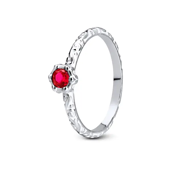 Anel  Prata Aro  Trabalhado  E  Pedra  De  Zircônia  Redonda  Vermelho .