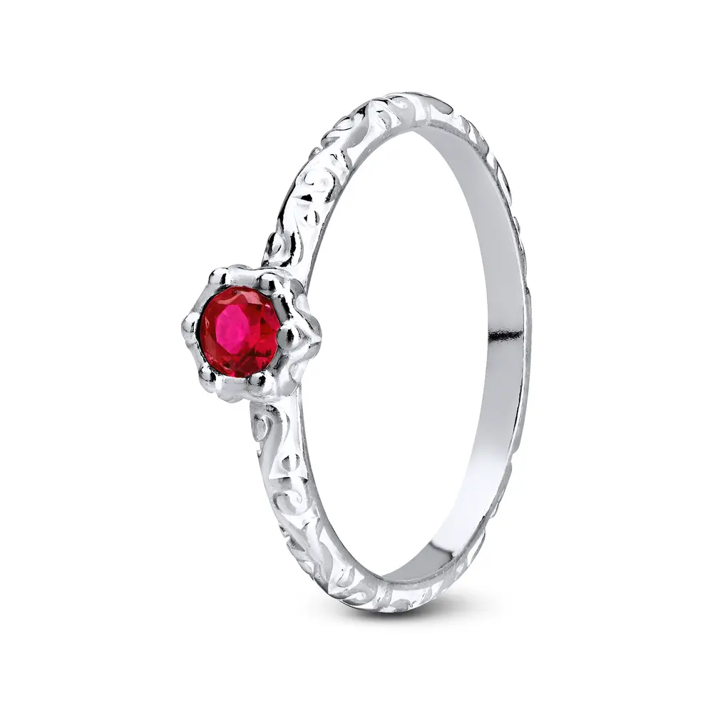 Anel  Prata Aro  Trabalhado  E  Pedra  De  Zircônia  Redonda  Vermelho .
