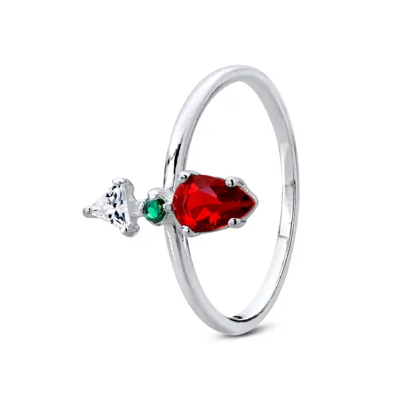 Anel  Prata Pedra  Verde  ,Vermelha  E  Branca