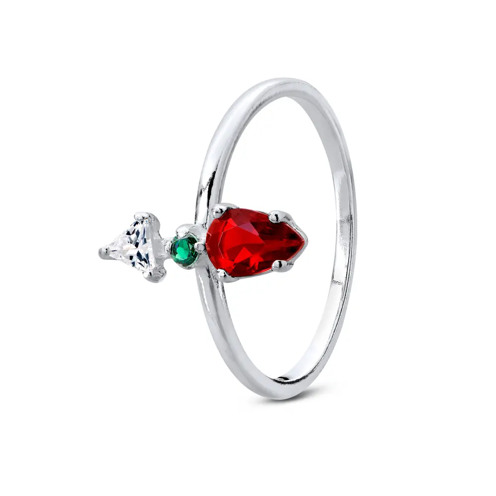 Anel  Prata Pedra  Verde  ,Vermelha  E  Branca