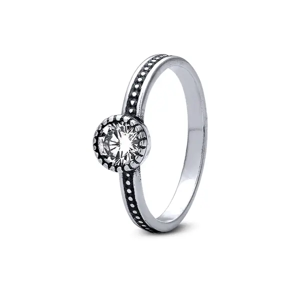 Anel Prata Envelhecido Solitário Zircônia