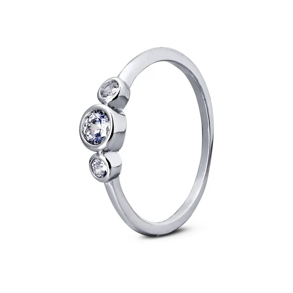 Anel Prata Rodinado Três Pedras  Zircônias