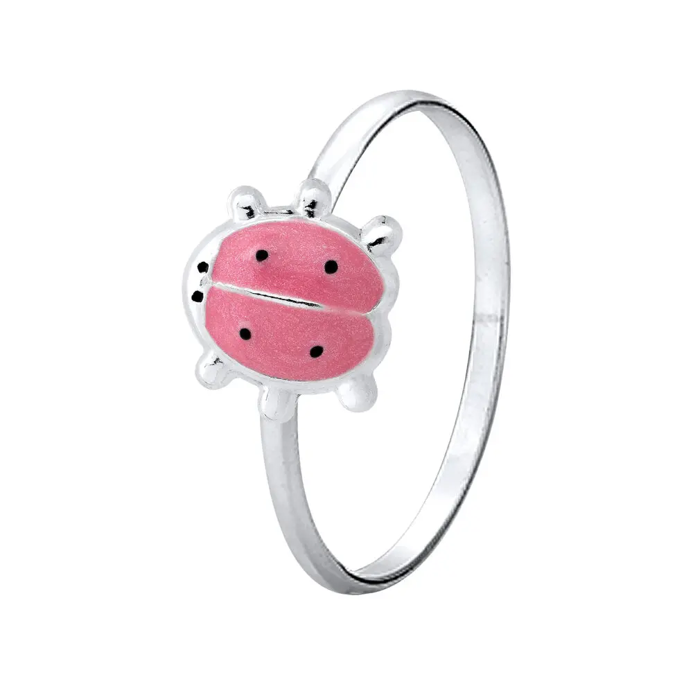 Anel Prata Infantil Joaninha Esmaltado Rosa Claro