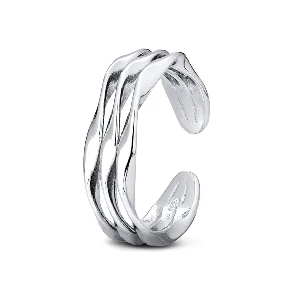 Anel  Prata Rodinado Aro Aberto Liso Ondulado Largo