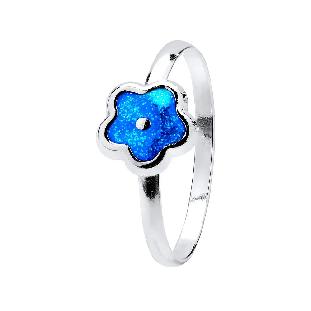 Anel Prata Infantil Flor Com Gliter Esmaltado Azul Claro