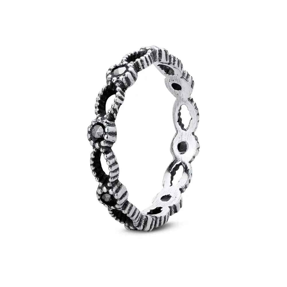 Anel Prata Envelhecido Aro Inteiro Trabalhado Com Marcassita