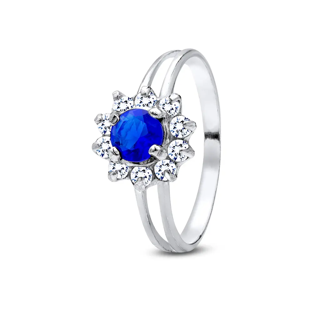 Anel Prata Zircônia Princesa Kate Azul Redondo M