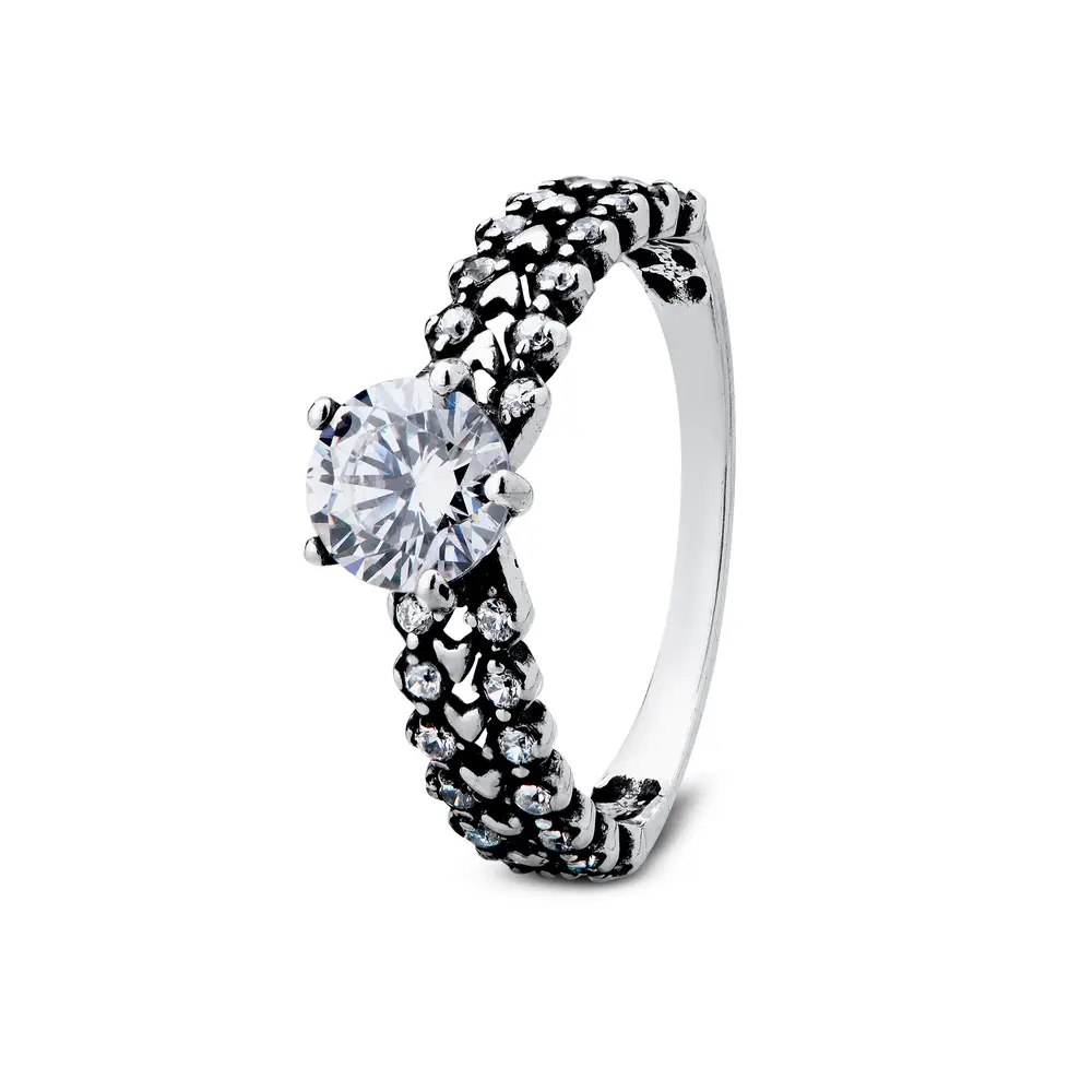 Anel Prata Envelhecido Com Zircônias