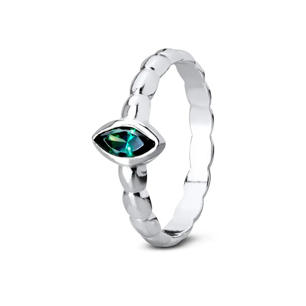 Anel  Prata Aro  Trabalhado  Pedra  Verde  No Meio