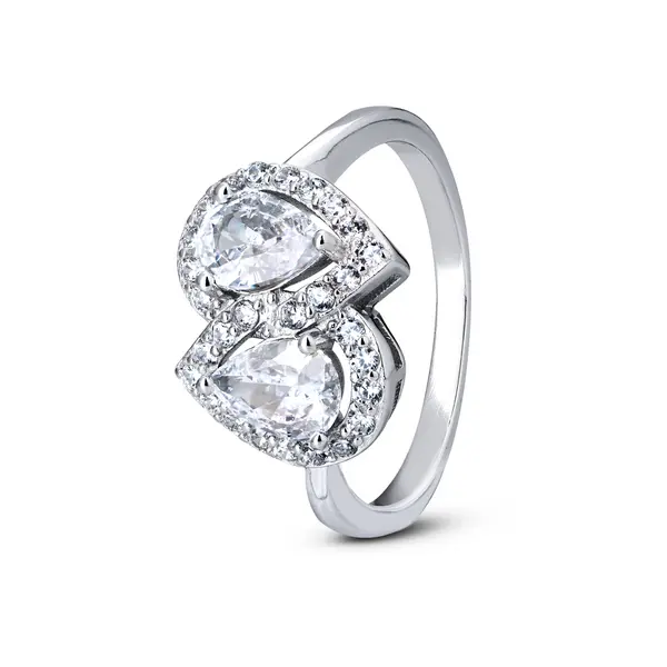 Anel Prata Com Rodio Dua  Gotas Com Zircônias