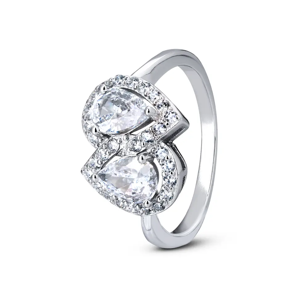 Anel Prata Com Rodio Dua  Gotas Com Zircônias