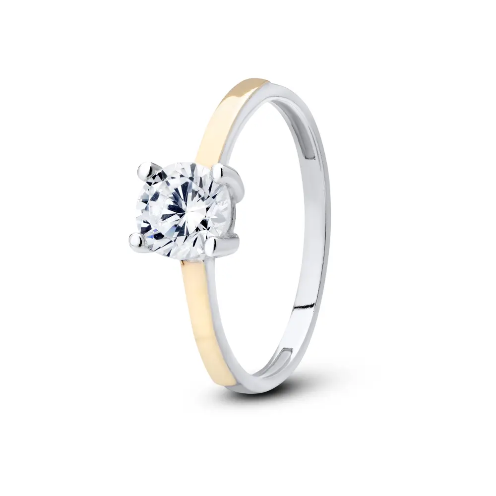 Anel  Prata Com Aplique  Em  Ouro Solitário