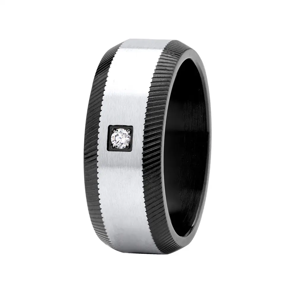 Anel Masculino  Aço  Preto Com Detalhes Fosco E Uma Pedra
