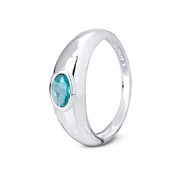 Anel  Prata  Zircônia  Oval Azul Claro