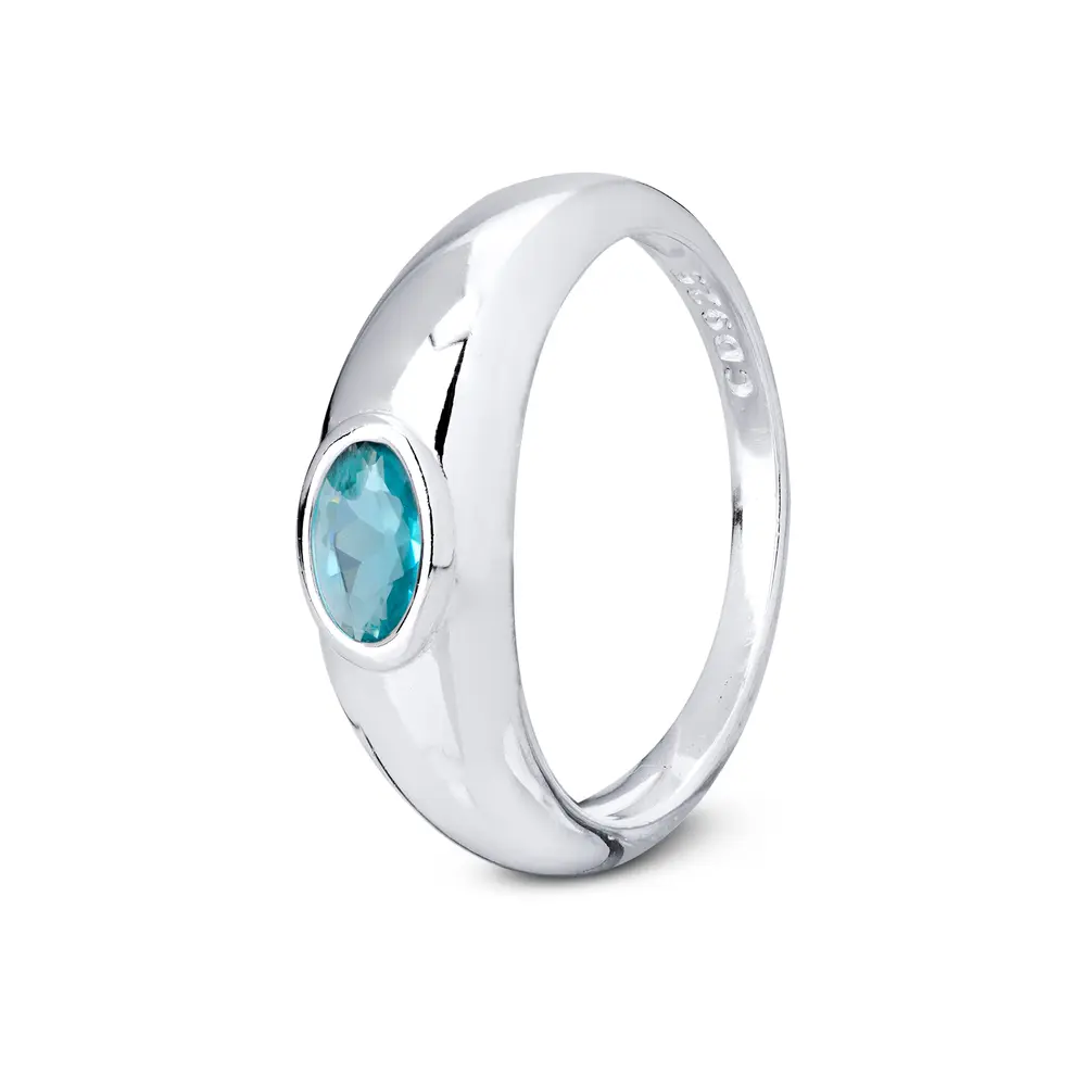 Anel  Prata  Zircônia  Oval Azul Claro