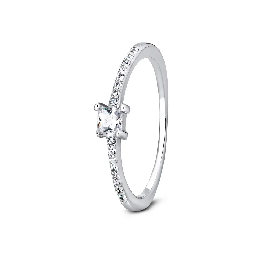 Anel  Prata Rodinado Quadrado Com Zircônia