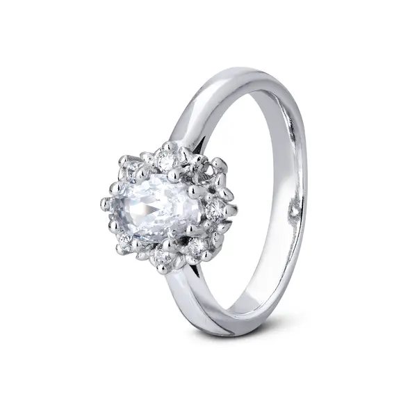 Anel Prata Com Rodio Oval Com Zircônias