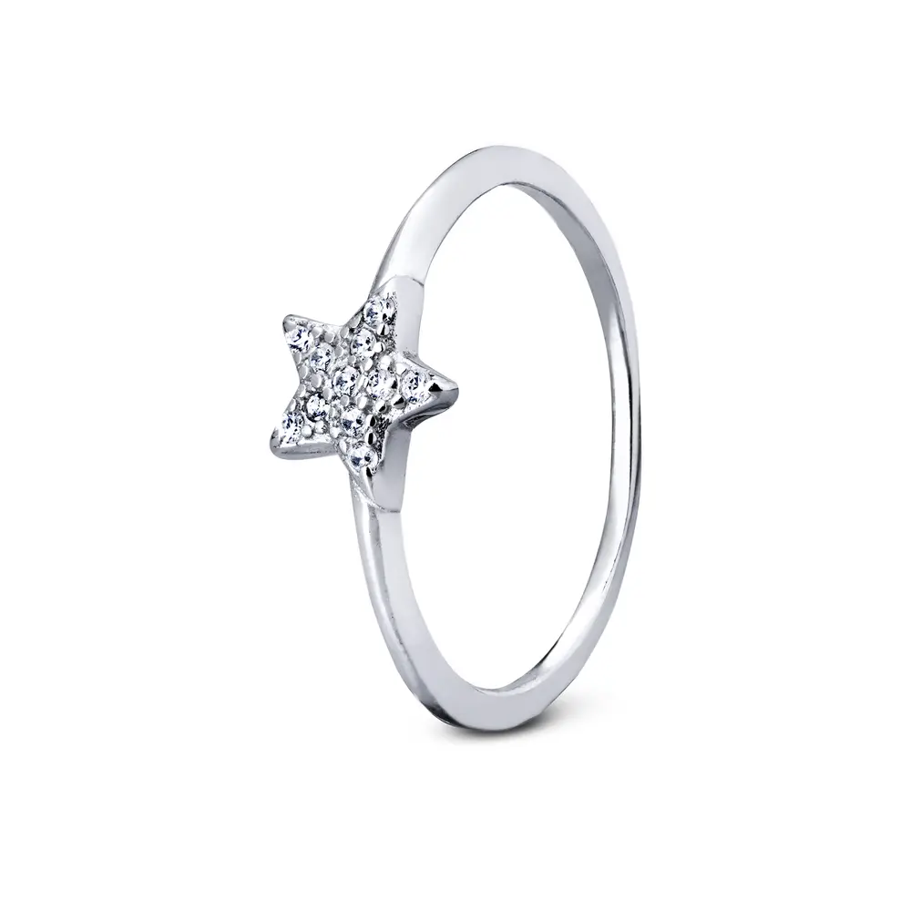 Anel  Prata Rodinado Estrela  Com Zircônias