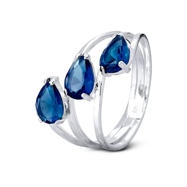 Anel  Prata  Três  Gotas De  Zircônias Azul Escuro