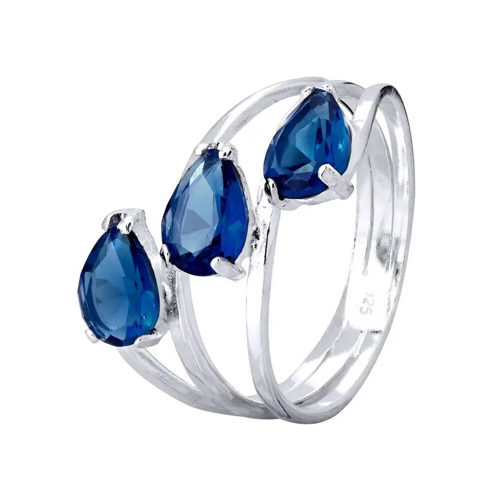 Anel  Prata  Três  Gotas De  Zircônias Azul Escuro
