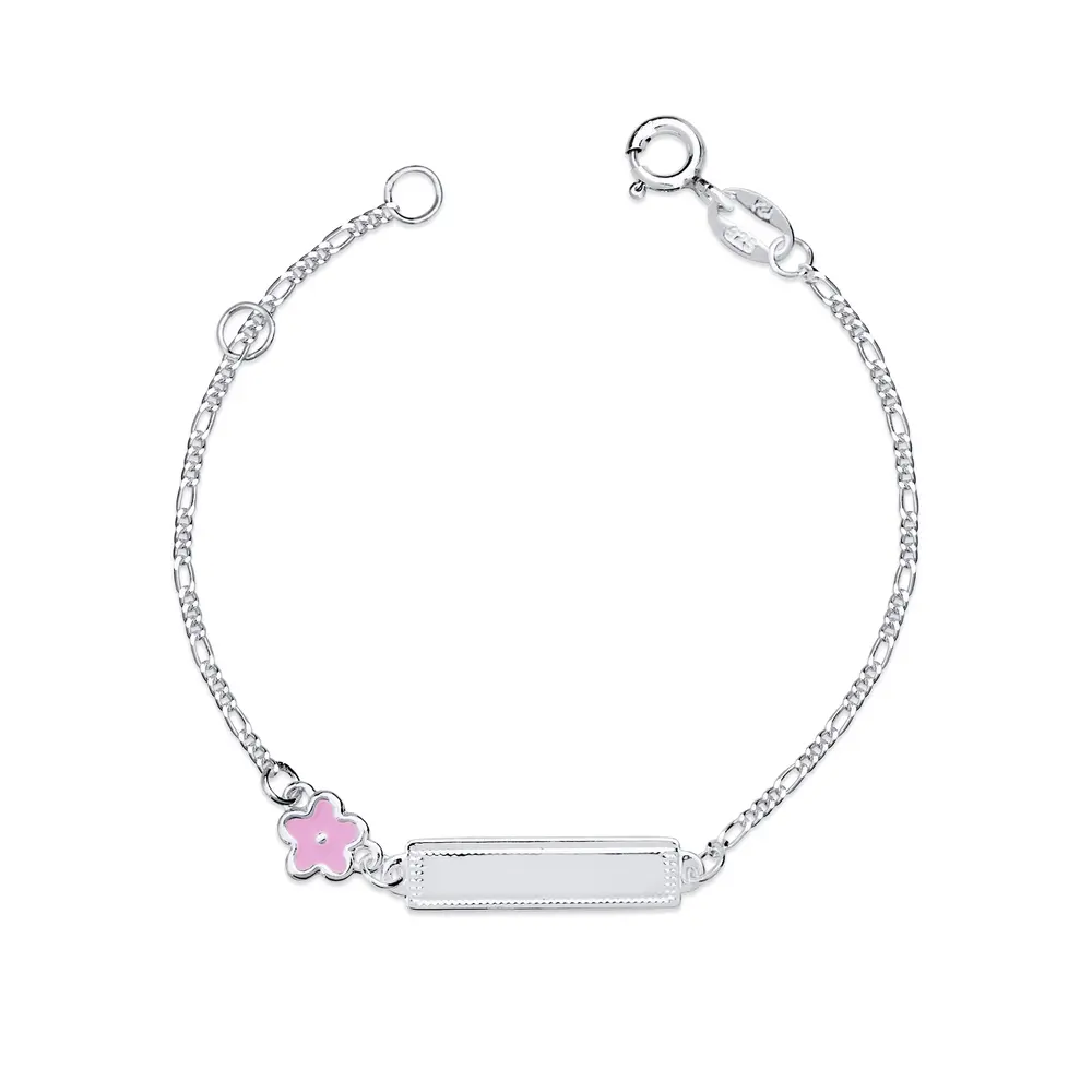 Pulseira Prata Infantil Placa Com Flor Rosa