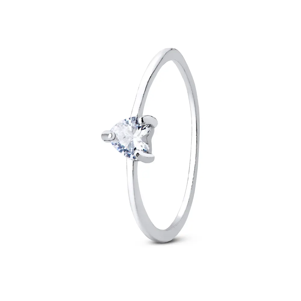 Anel   Prata Coração  Pequeno Zircônia  Branca