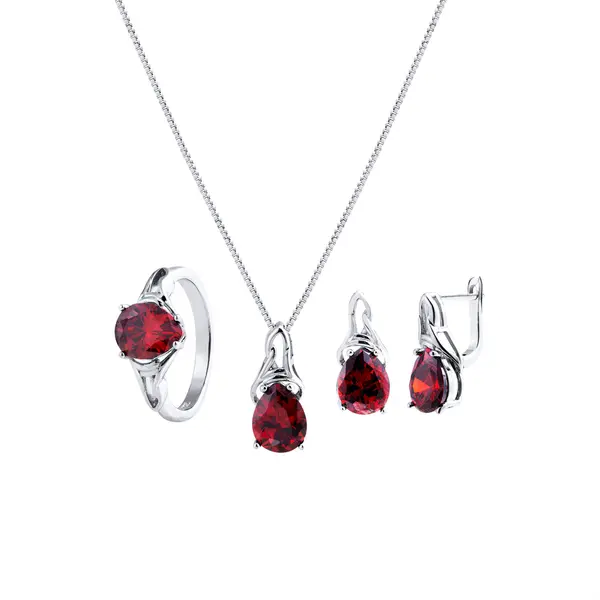 Conjunto Prata Rodinada Zircônia Vermelha