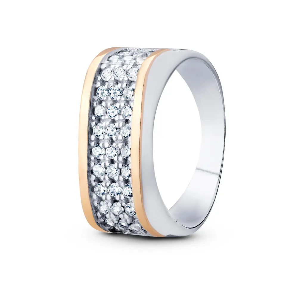 Anel  Prata Com Aplique  Em  Ouro E Pedras  De  Zircônias