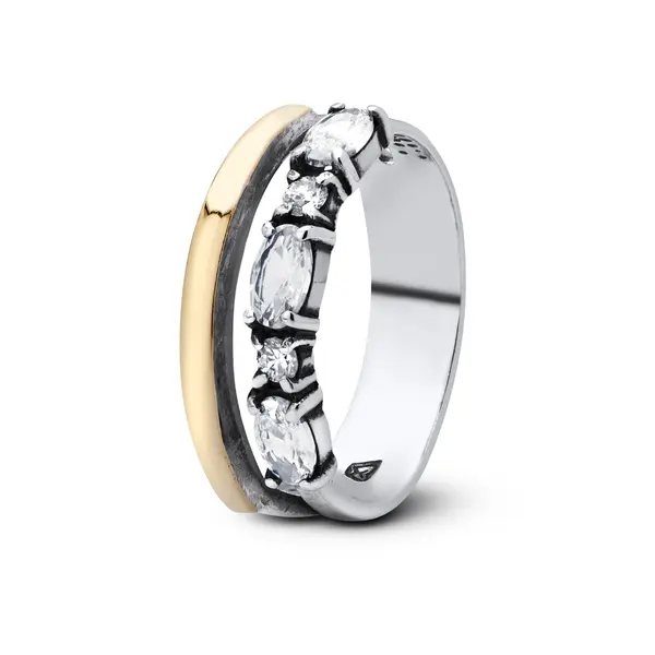 Anel Prata Duplo Aplique Em Ouro Com Zircônia