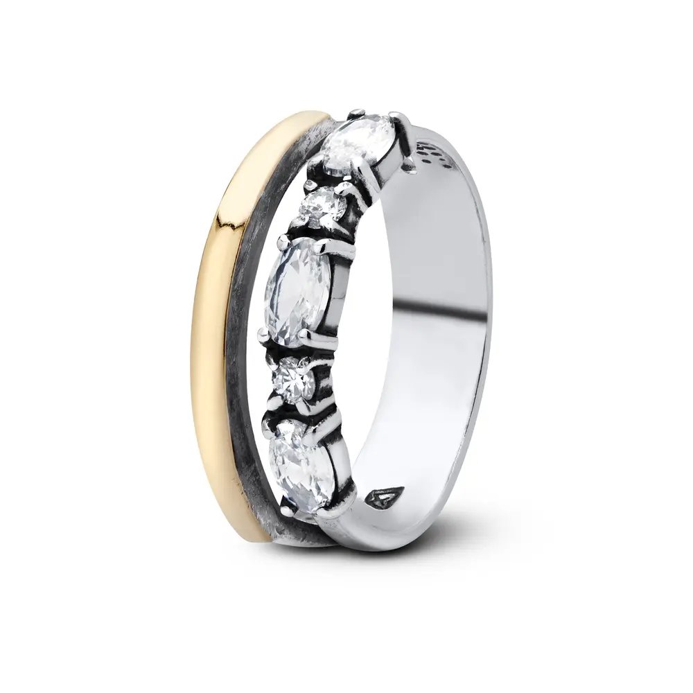 Anel Prata Duplo Aplique Em Ouro Com Zircônia