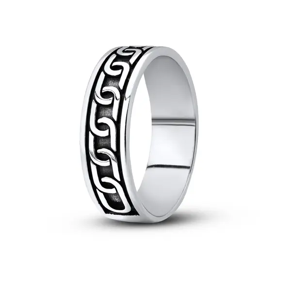 Anel Masculino Prata  Envelhecida Trabalhado De Corrente