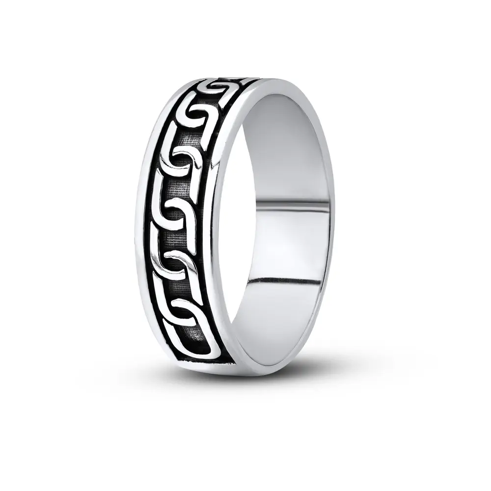 Anel Masculino Prata  Envelhecida Trabalhado De Corrente