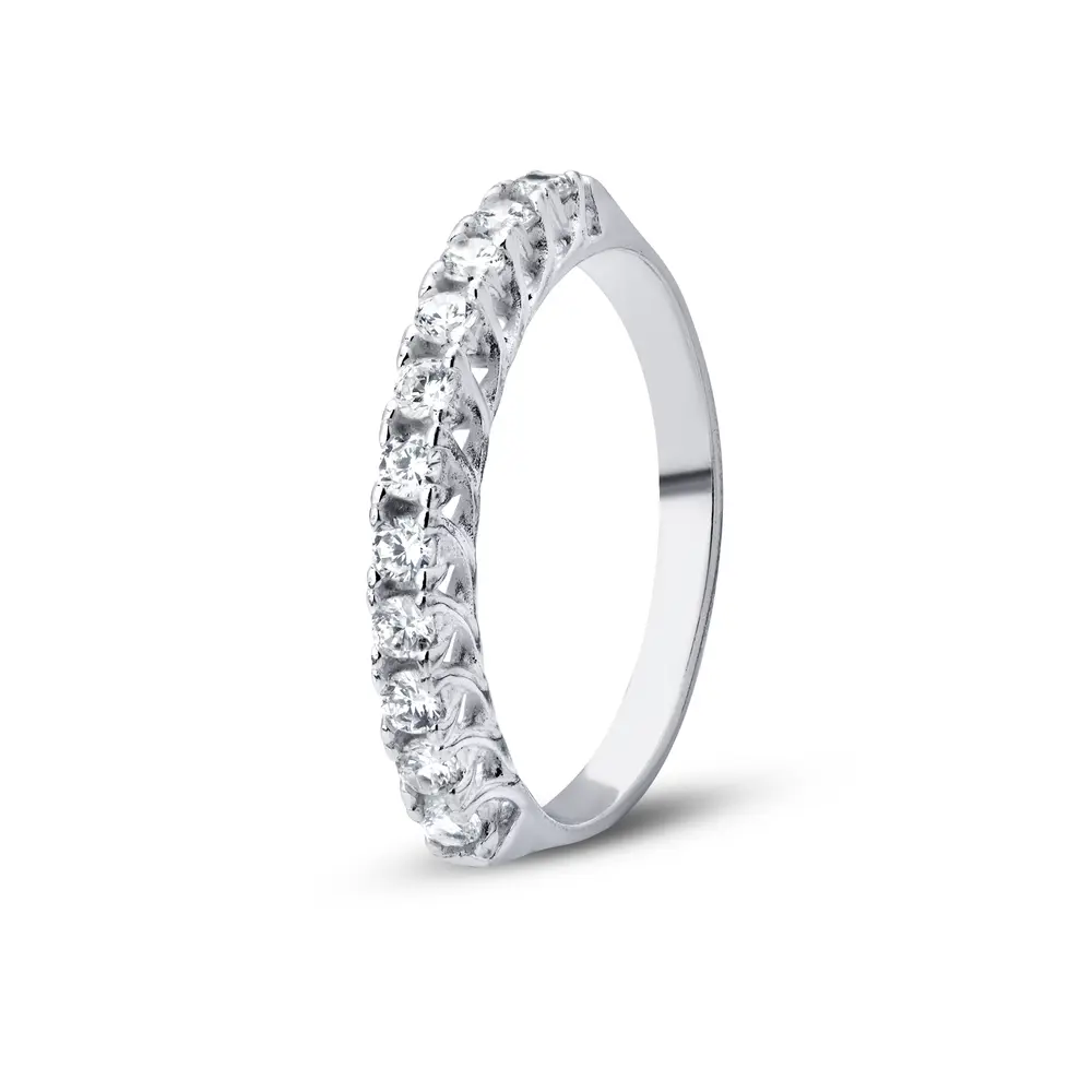 Anel Prata Meia Aliança Zircônias