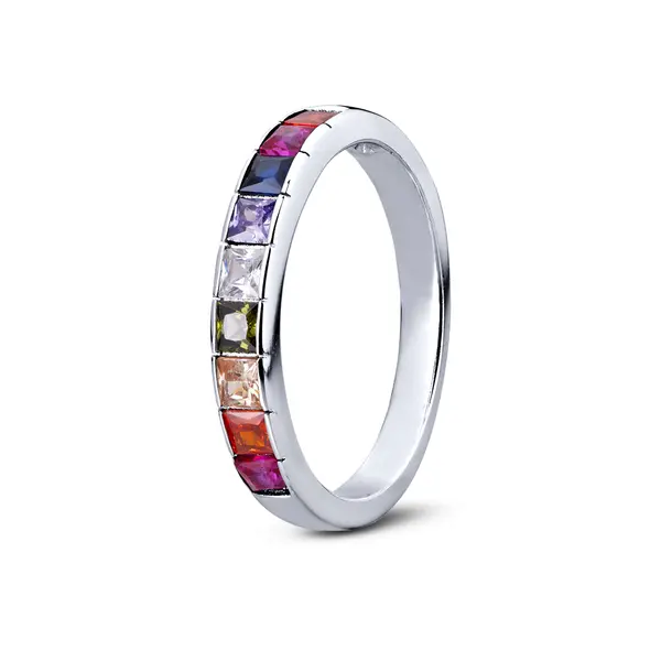 Anel Prata Rodinado Meia Aliança Com Zircônias Coloridas