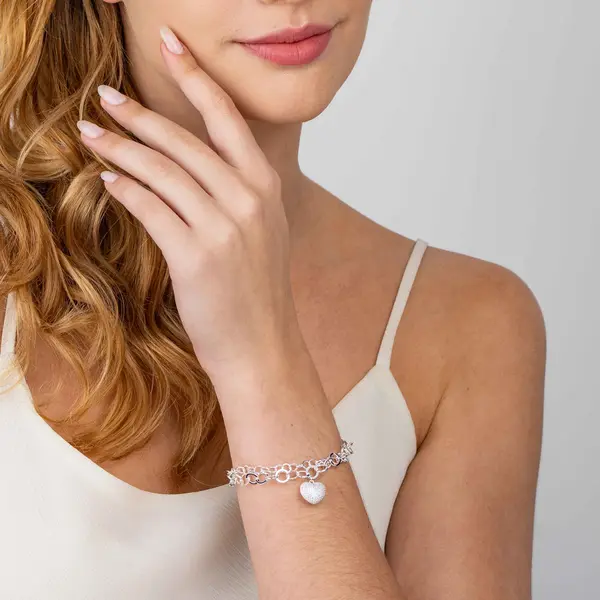 Pulseira  Prata Leve  Precious Coração Cravejado