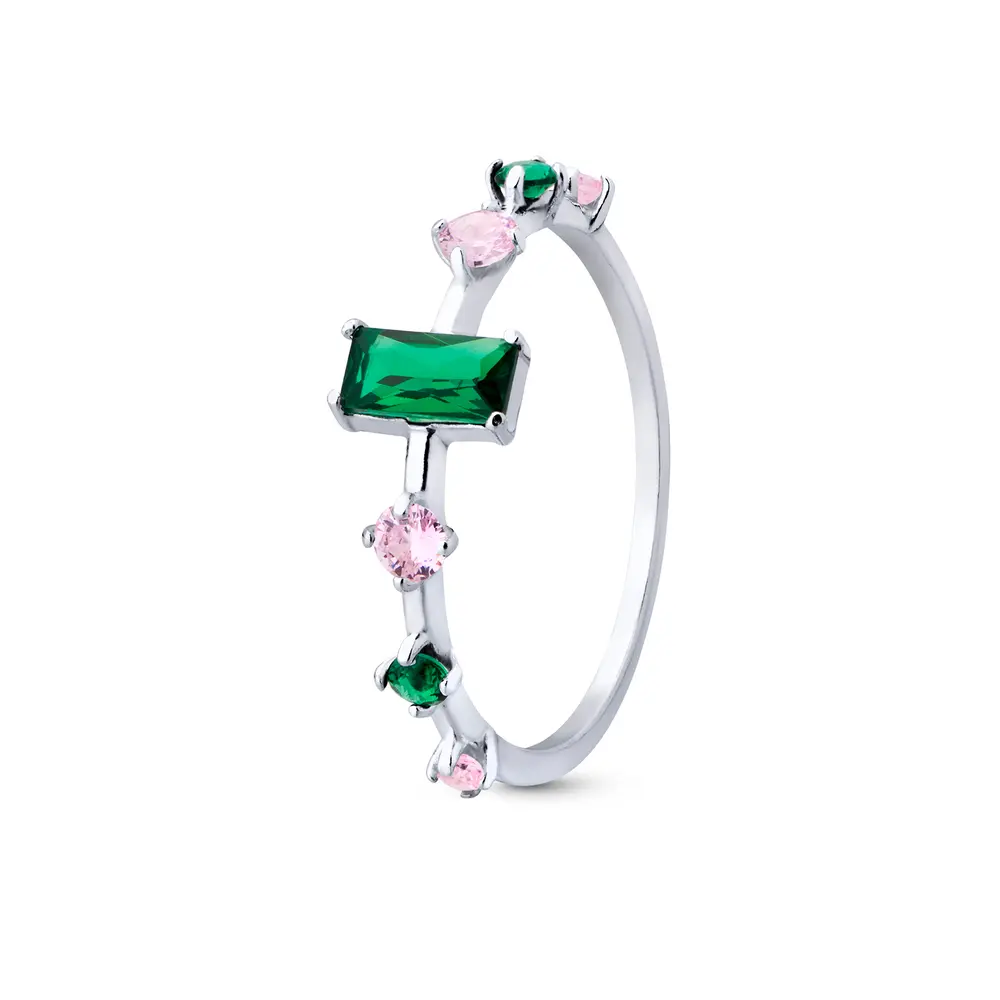 Anel Prata Pedra Verde com Rosa