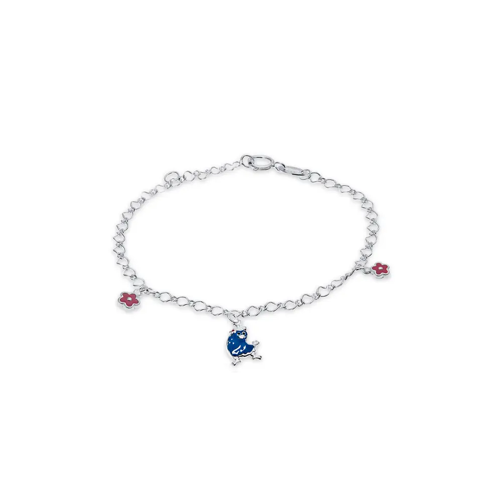 Pulseira Prata Infantil Galinha Pintadinha E Flor Esmaltado