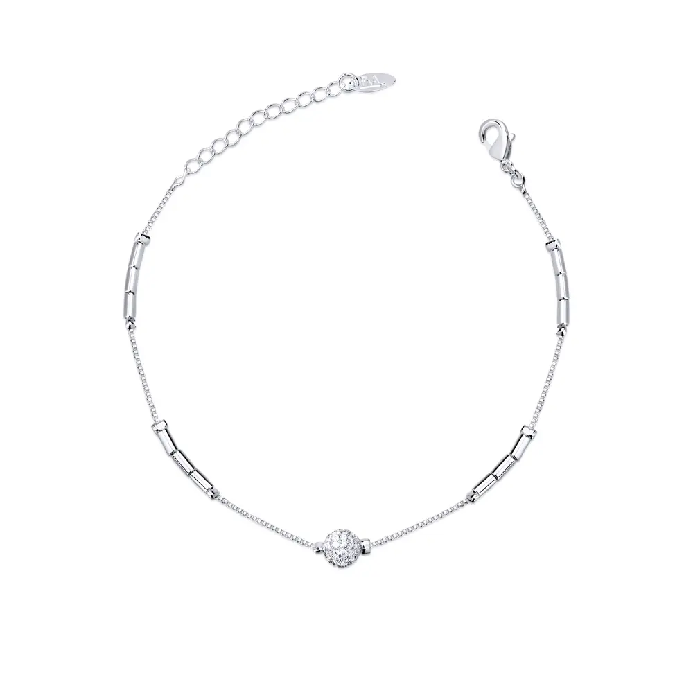 Pulseira  Prata Leve Canutilhos E Bolinha  Com Zircônias