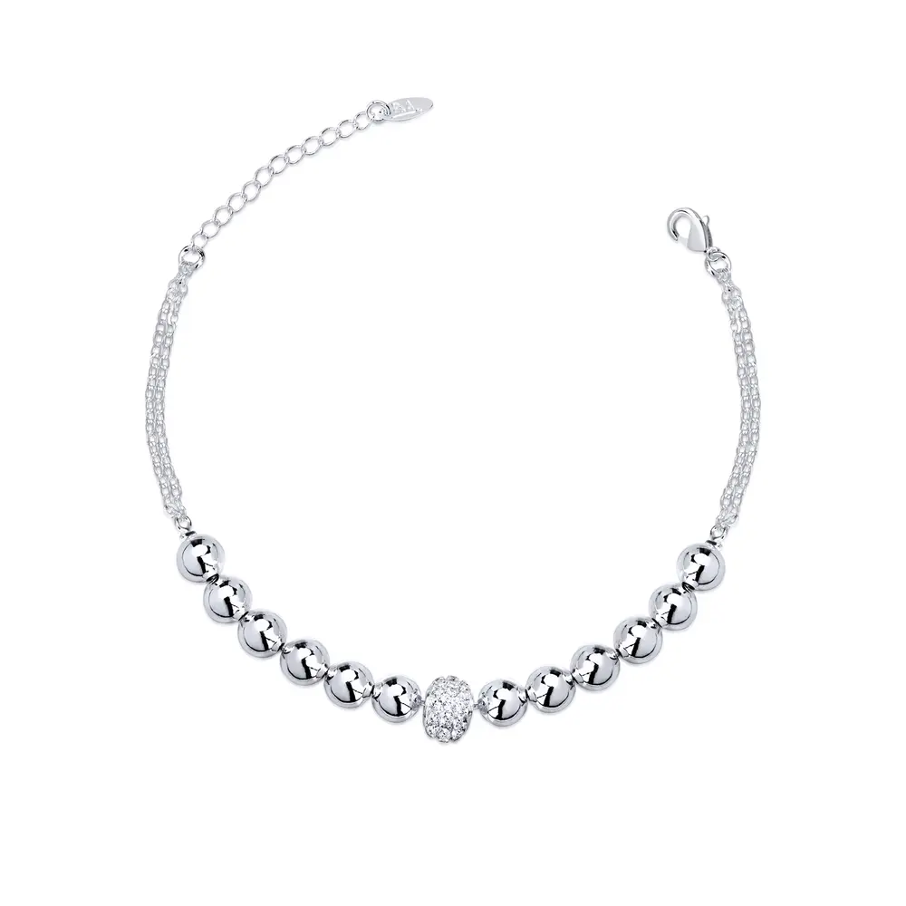 Pulseira  Prata Leve  Bolinhas  Com Zircônias E Lisas