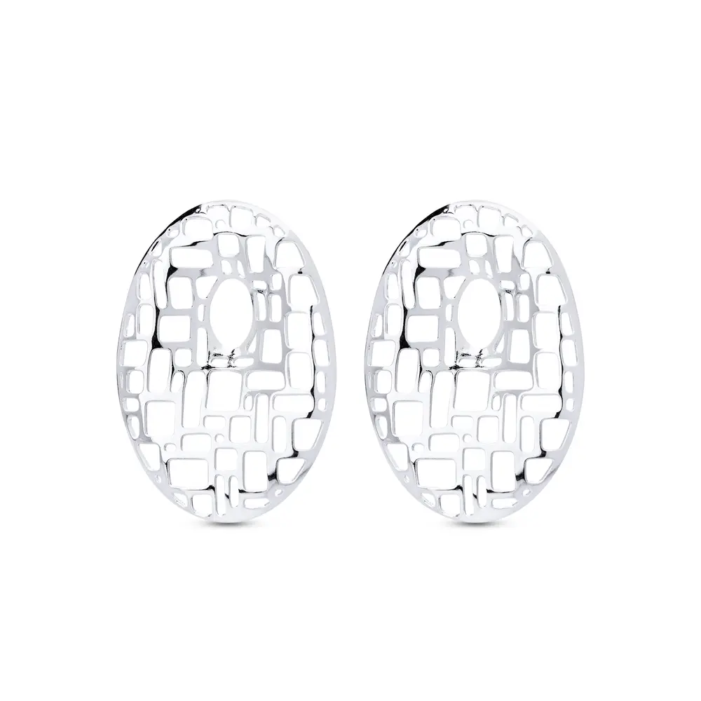 Brinco  Prata Leve  Oval Liso Vazado  Com Detalhes Retangular