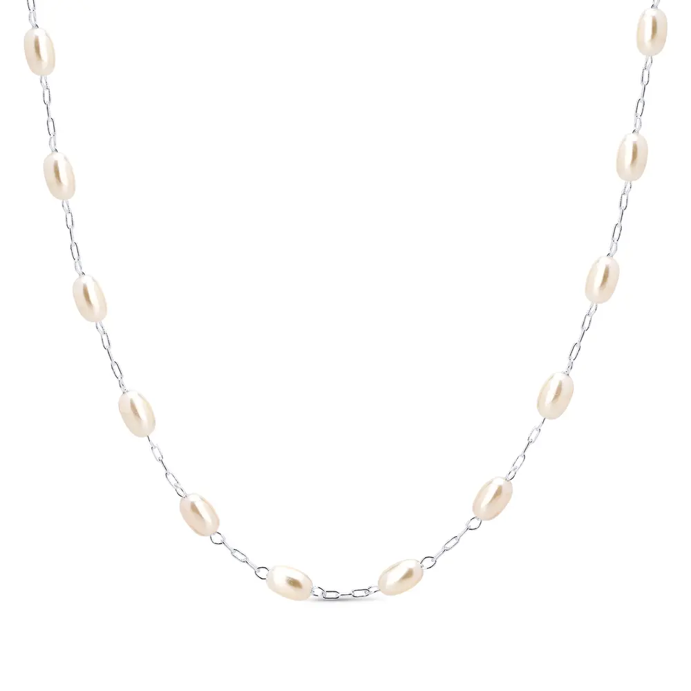 Choker Prata Leve Pérolas Arroz
